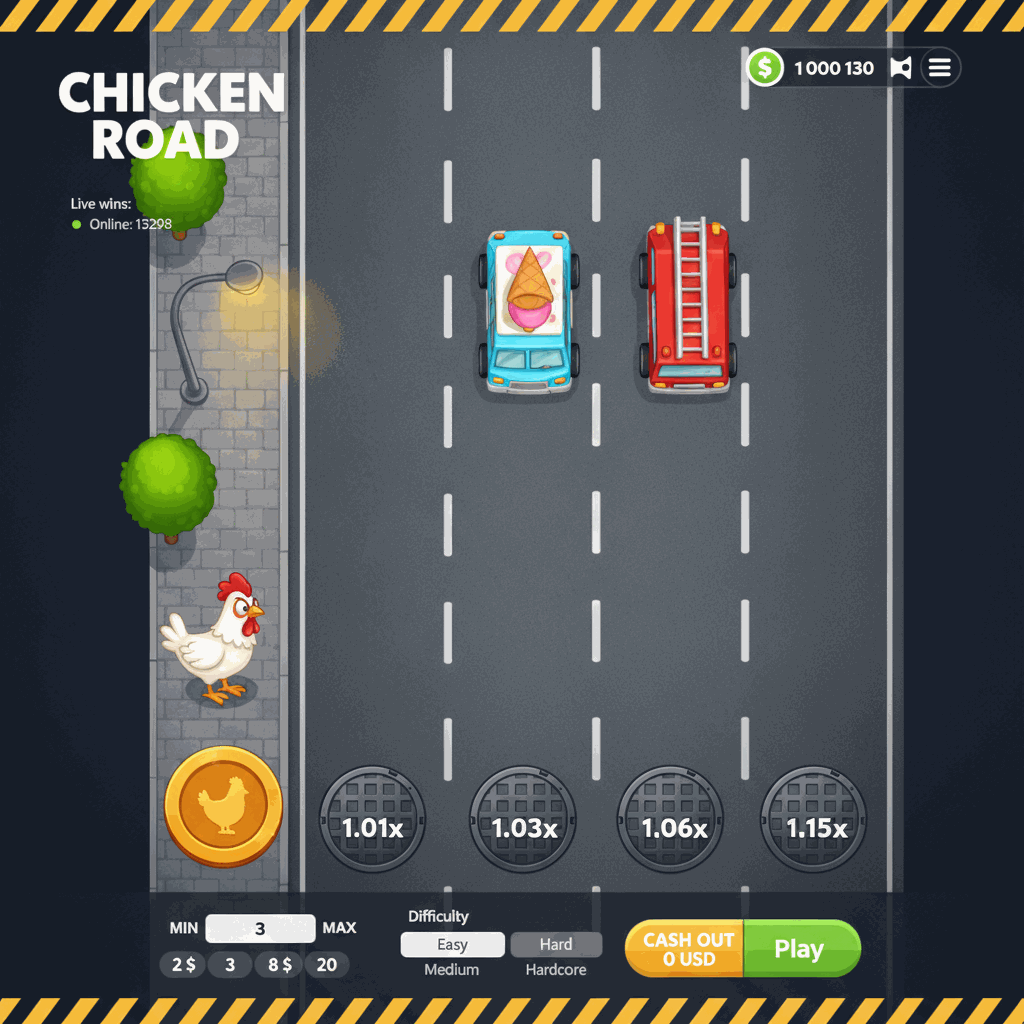 Schermata di gioco Chicken Road: una gallina cartoon si prepara ad attraversare una strada a più corsie vista dall'alto, con moltiplicatori visibili su ogni corsia e un'interfaccia che mostra puntata, saldo e controlli di prelievo in tempo reale